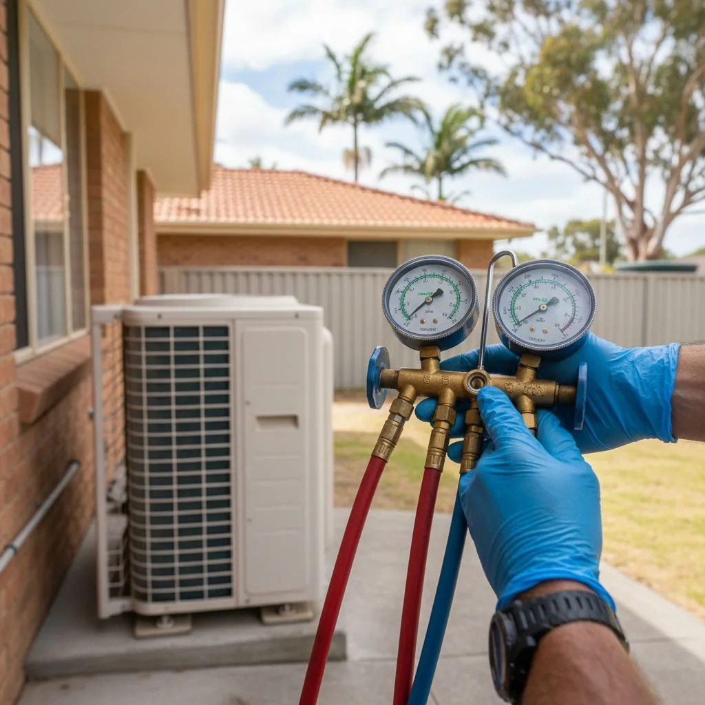 Gloved hands holding refrigerant gauges beside an outdoor air-conditioning unit