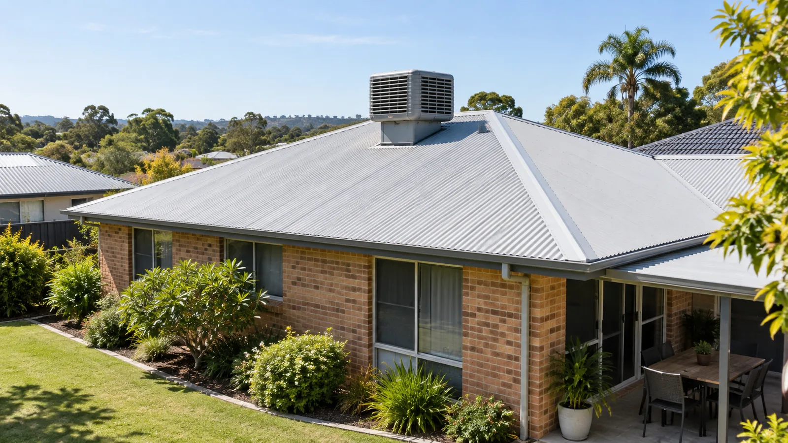 Louvred evaporative cooler mounted above a metal roof on a brick home