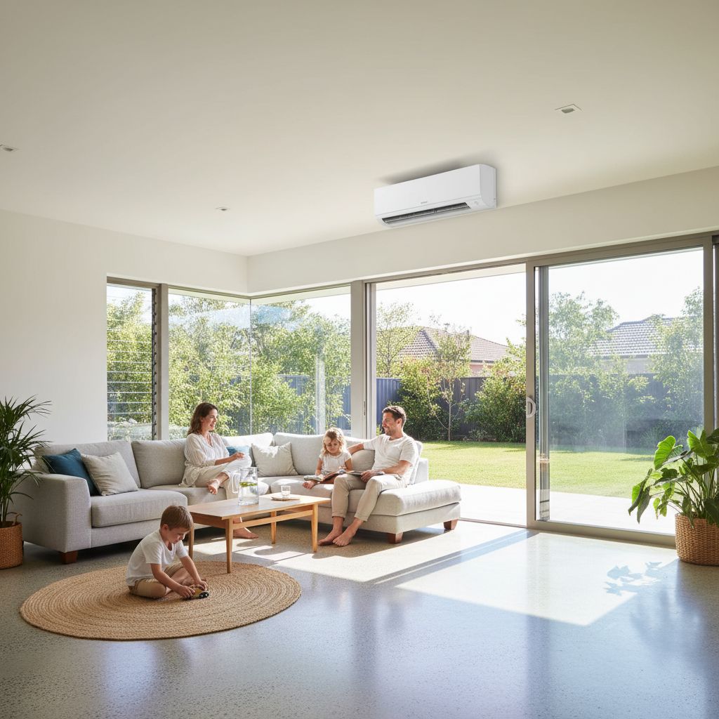 Clean modern living room with split-system mounted high on the wall