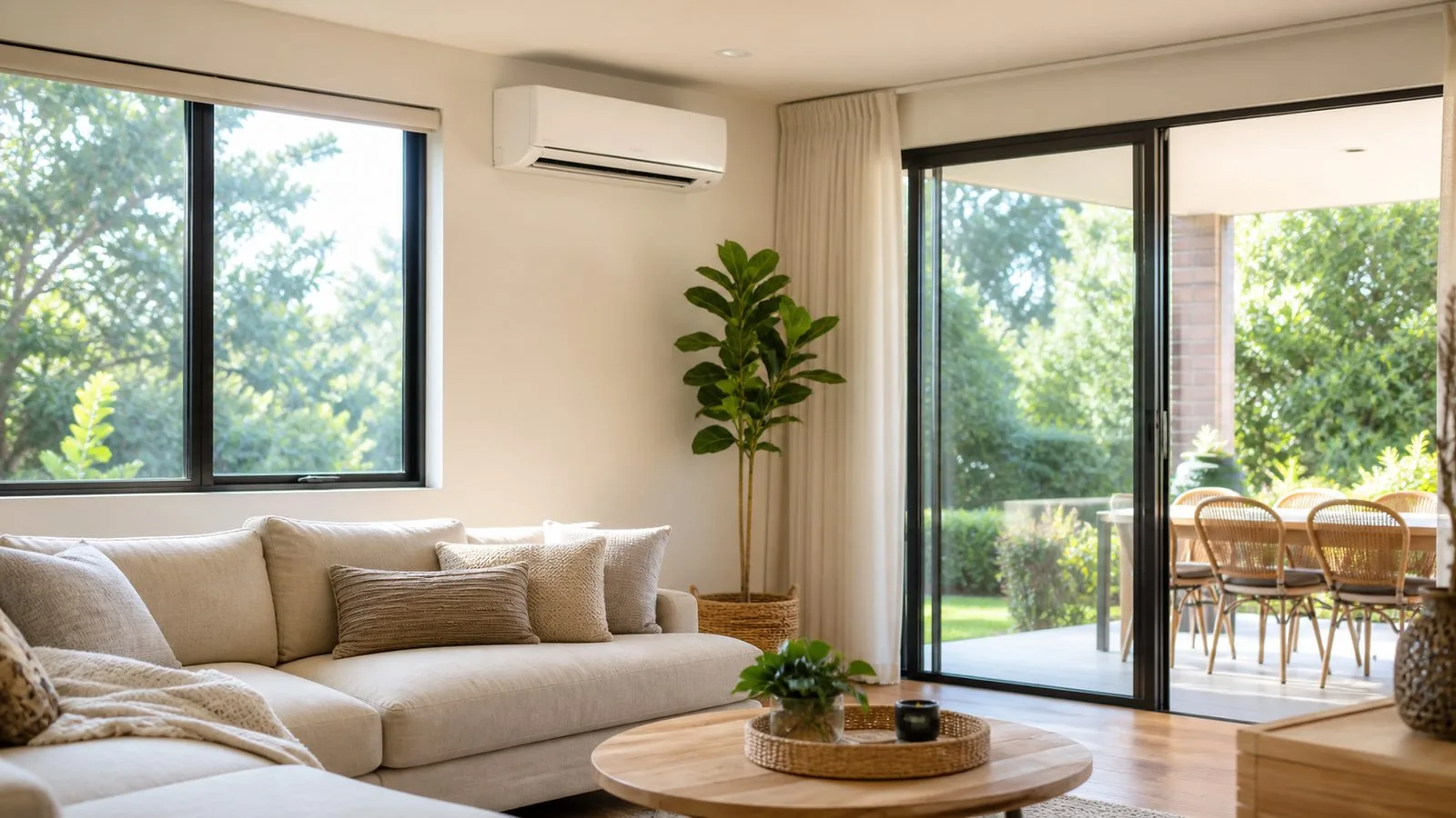 Wall-mounted split system above a sofa beside large living-room windows